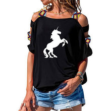 Load image into Gallery viewer, 2019 NEW horse Women tshirt Cotton Casual Funny t shirt Girl Short Sleeve Sexy Hollow Out Shoulder Top Tee