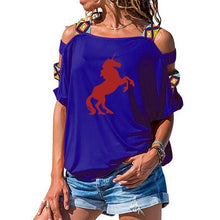 Load image into Gallery viewer, 2019 NEW horse Women tshirt Cotton Casual Funny t shirt Girl Short Sleeve Sexy Hollow Out Shoulder Top Tee