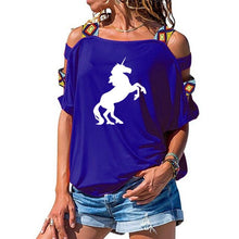 Load image into Gallery viewer, 2019 NEW horse Women tshirt Cotton Casual Funny t shirt Girl Short Sleeve Sexy Hollow Out Shoulder Top Tee