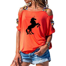 Load image into Gallery viewer, 2019 NEW horse Women tshirt Cotton Casual Funny t shirt Girl Short Sleeve Sexy Hollow Out Shoulder Top Tee