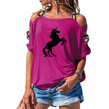 Load image into Gallery viewer, 2019 NEW horse Women tshirt Cotton Casual Funny t shirt Girl Short Sleeve Sexy Hollow Out Shoulder Top Tee