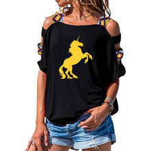 Load image into Gallery viewer, 2019 NEW horse Women tshirt Cotton Casual Funny t shirt Girl Short Sleeve Sexy Hollow Out Shoulder Top Tee
