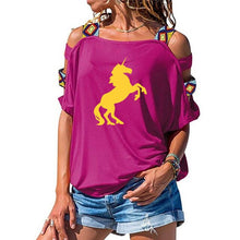 Load image into Gallery viewer, 2019 NEW horse Women tshirt Cotton Casual Funny t shirt Girl Short Sleeve Sexy Hollow Out Shoulder Top Tee
